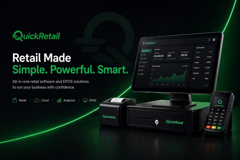QuickRetail retail software and EPOS: dashboard on screen with receipt printer, cash drawer, and card terminal.